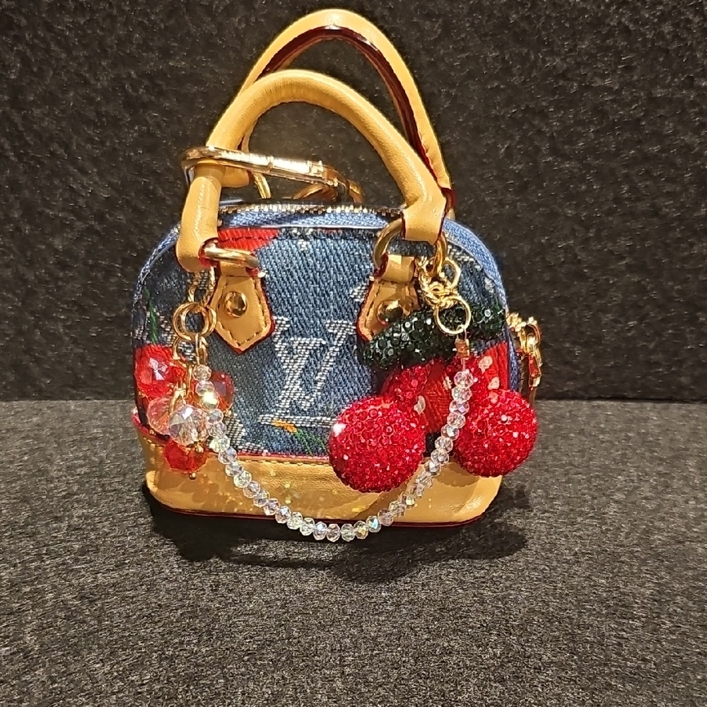 Denim and Gold Mini Bag with Cherry Charm - Picture 3 of 6